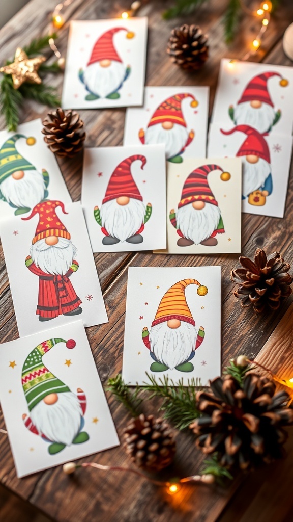 A variety of gnome Christmas cards with colorful designs on a wooden table.
